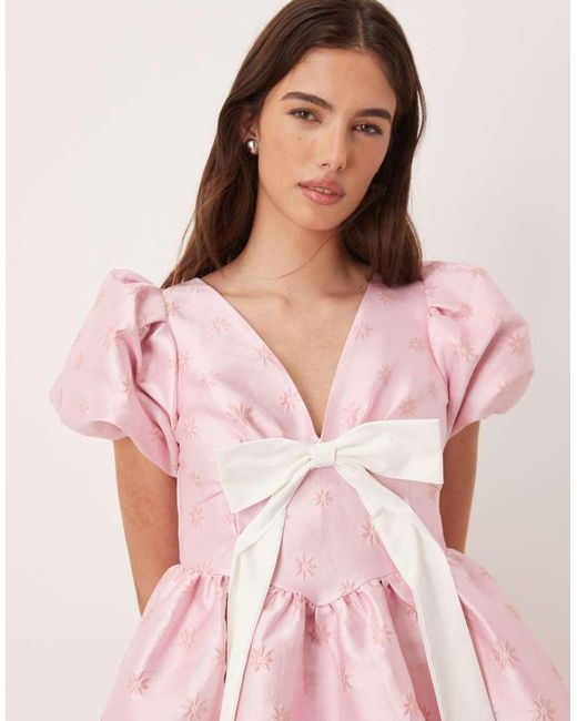 Sister Jane Pink Exclusive V Neck Puff Sleeve Bow Mini Dress