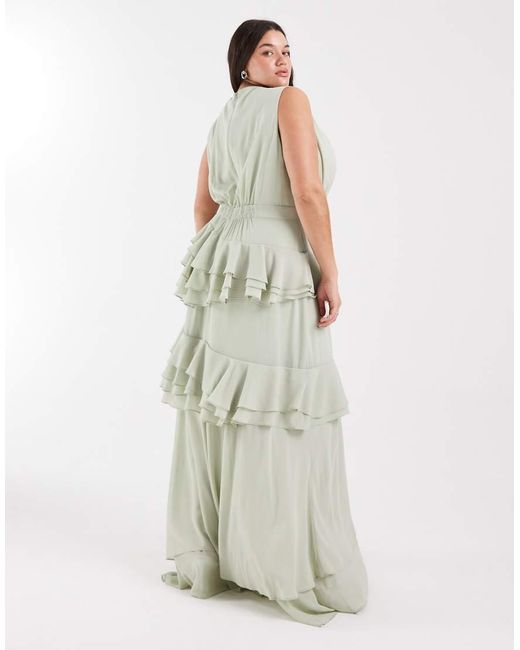 Tfnc Plus Green Bridesmaid Chiffon Wrap Front Maxi Dress With Tiered Ruffles