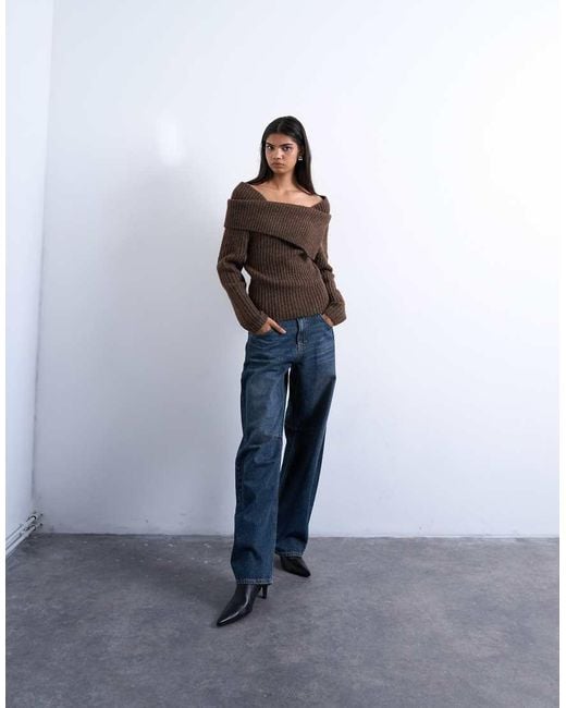 TOPSHOP Blue Knitted Ribbed Bardot