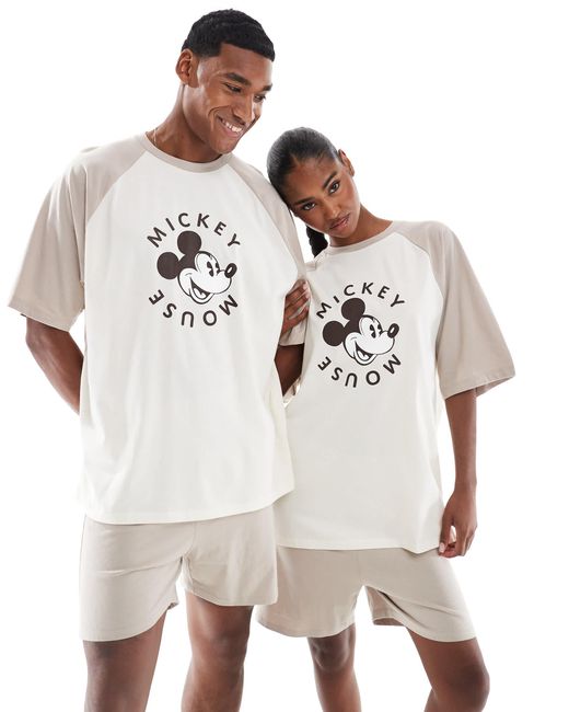 ASOS Natural Disney Pyjama Set With Mickey Mouse Print