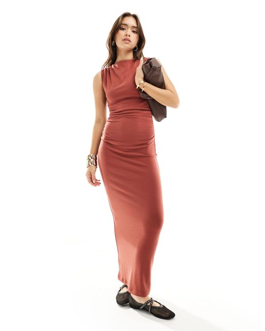 4th & Reckless Red Sleeveless Ruched High Neck Maxi Dress
