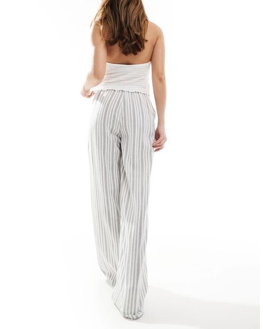 Stradivarius White Linen Blend Pull On Crinkle Pants