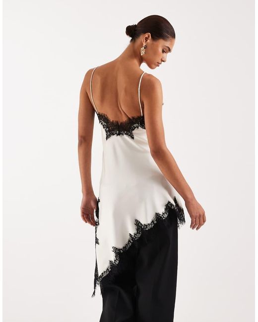 Lioness White Emerging V Neck Contrast Lace Applique Detail Asymmetric Hem Cami Top