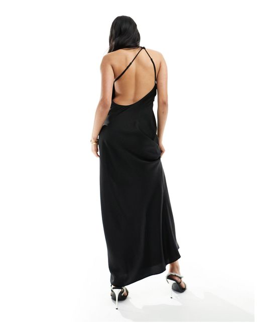 ASOS Black Satin One Shoulder Wrap Maxi Dress With Open Back