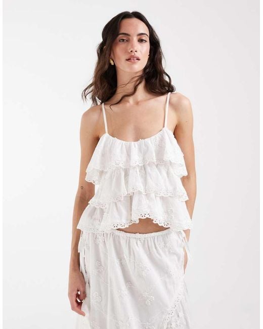 Muse Assembly White Boho Broderie Anglaise Tiered Strap Top