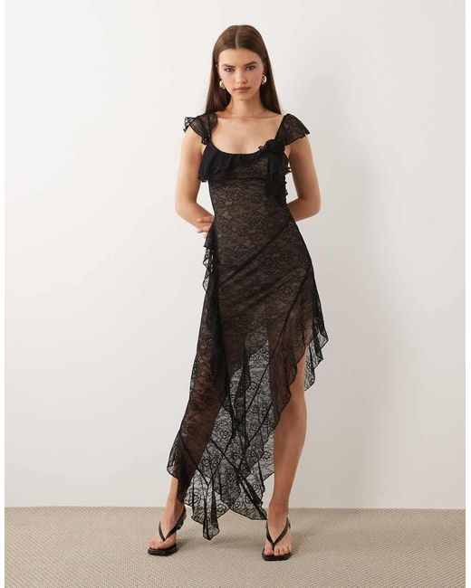 I.AM.GIA Black Julietta Georgette Lace Ruffle Detail Asymmetric Hem Maxi Dress