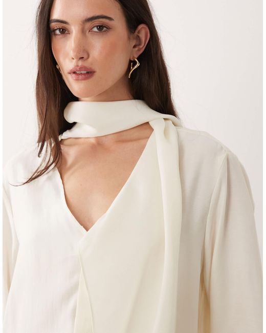 Mango Natural V Neck Blouse With Tie Neck