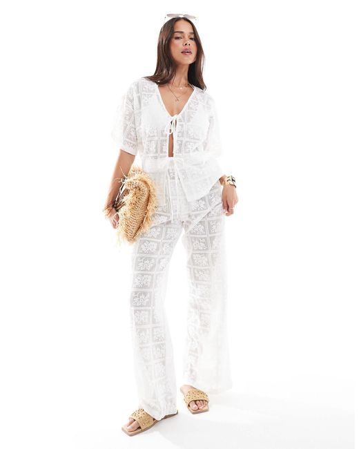 4th & Reckless White Crochet Lace Wide Leg Trouser Co-ord