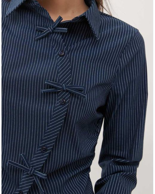 Reclaimed Vintage Blue Tie Up Shirt With Bow Details