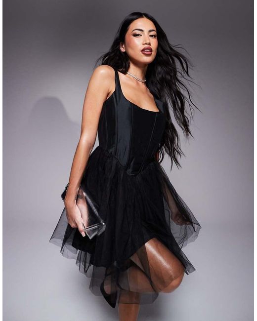 LACE & BEADS Corset Drop Waist Tulle Mini Dress in Black | Lyst UK