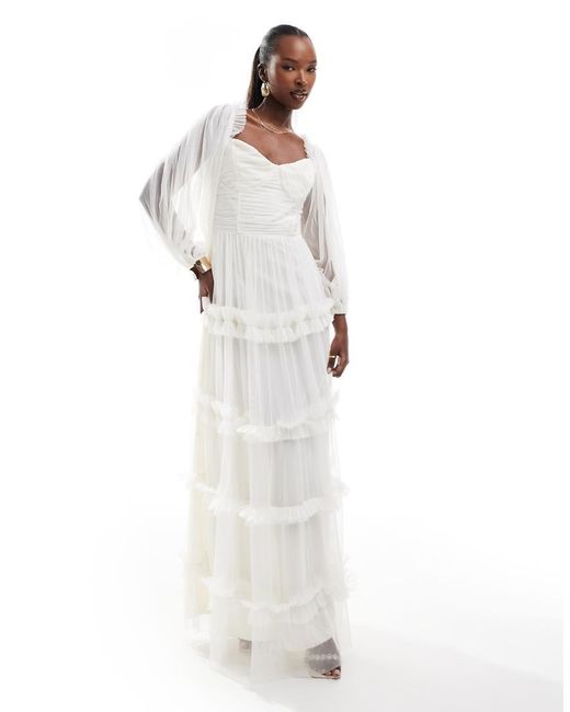 LACE & BEADS White Long Sleeve Ruffle Maxi Dress