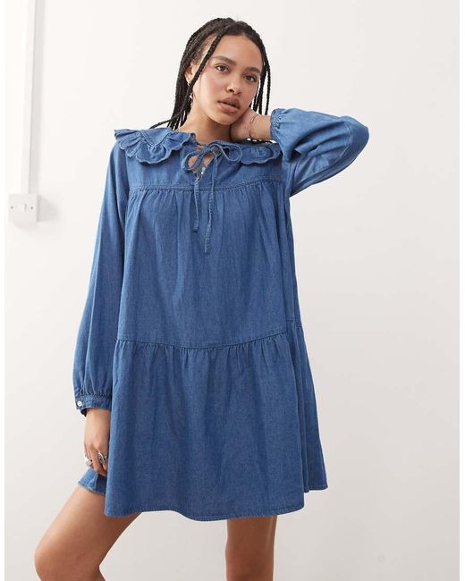 Reclaimed (vintage) Blue Denim Mini Smock Dress With Oversized Peter Pan Collar