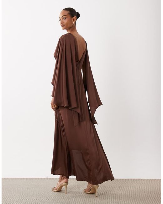 TFNC London Brown Bridesmaids Cape Top Satin Maxi Dress With Wrap Skirt