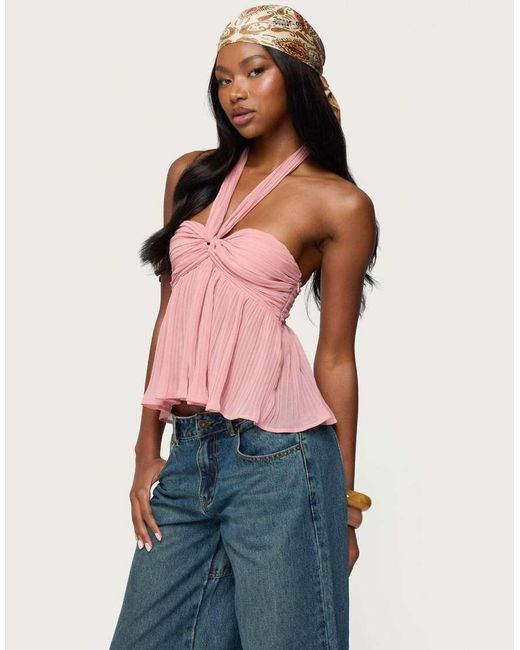 Edikted Red Pleated Chiffon Babydoll Halter Top