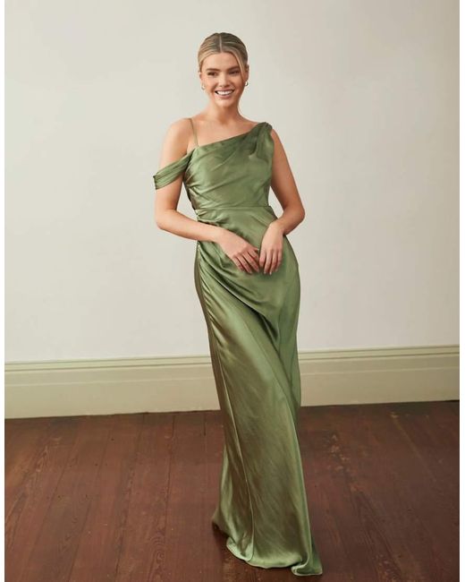 Six Stories Green Bridesmaid Satin Asymmetric Cowl Neck Maxi Dress