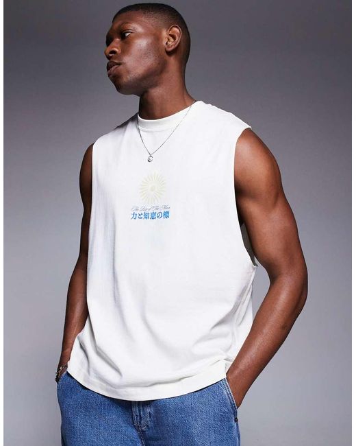 River Island Blue Japanese Moon And Dragon Back Print Tank for men
