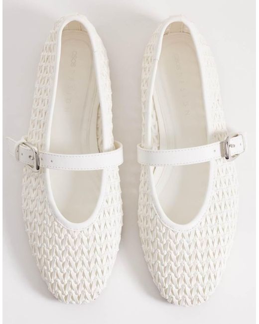 ASOS White Wide Fit Leah Weave Detail Mary Jane Ballets