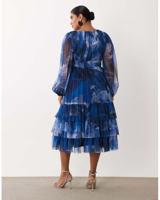 Lace & Beads Plus Blue Tulle Balloon Sleeve Ruffle Tiered Midi Dress
