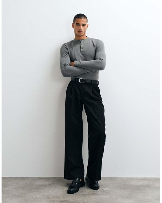 ASOS Gray Slim Fit Long Sleeve T-Shirt With Woven Henley for men