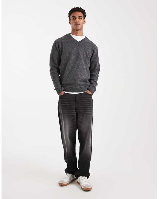 Only & Sons Gray Brushed Knit V Neck Jumper for men