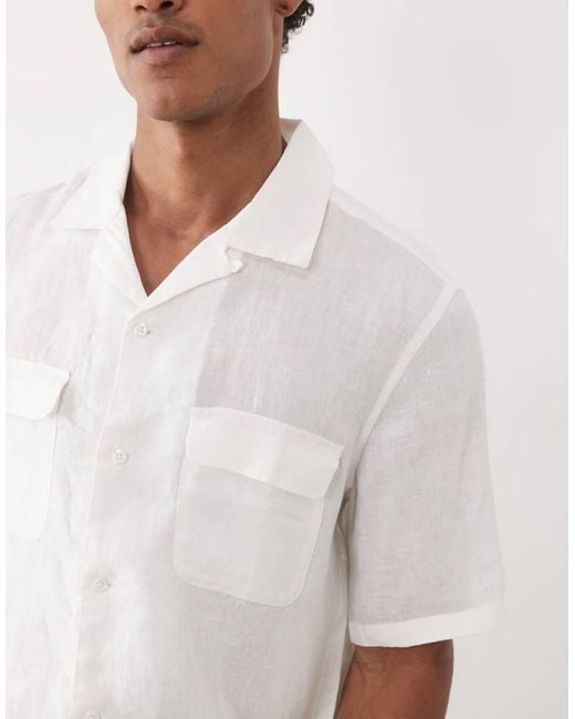 Mango White 100% Linen Short Sleeve Shirt With Front Pockets for men