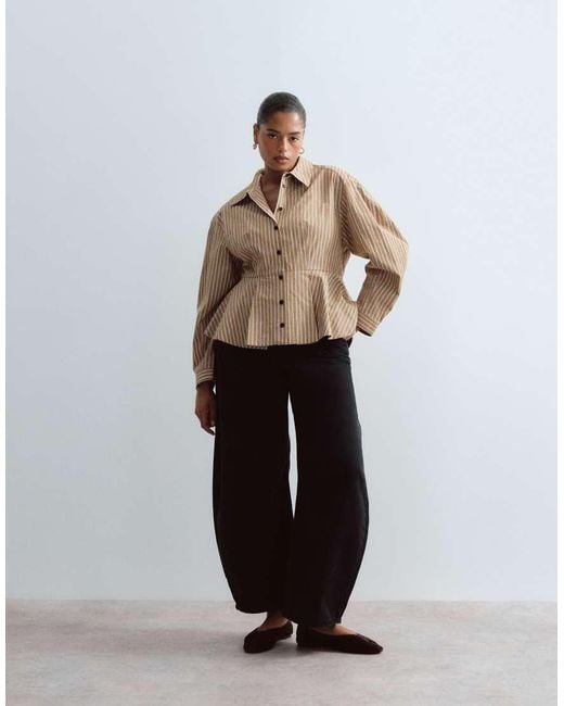 ARRANGE Brown Curve Structured Collared Peplum Shirt With Contrast Buttons