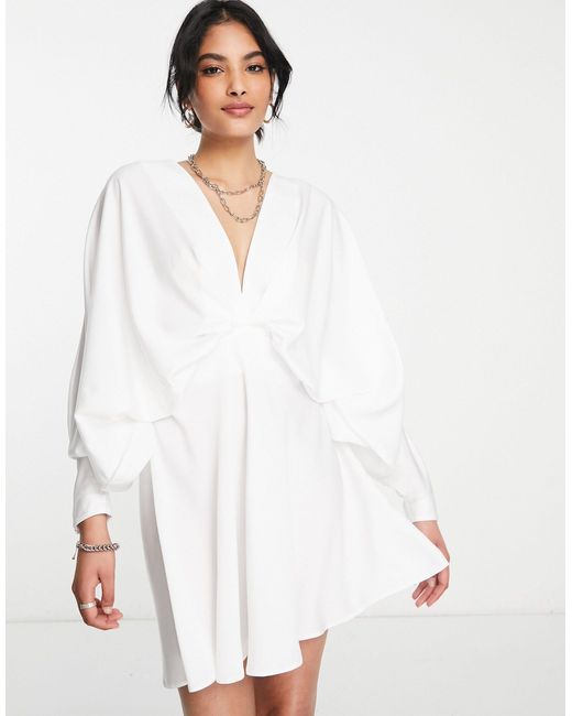 ASOS Batwing Satin Mini Dress With Bias Cut Skirt And Tie Back in White | Lyst UK