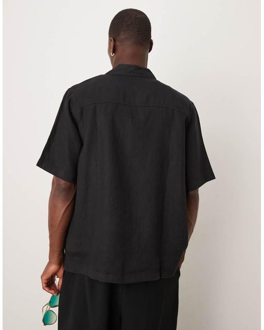 ARKET Black Linen Short Sleeve Shirt With Front Pocket for men