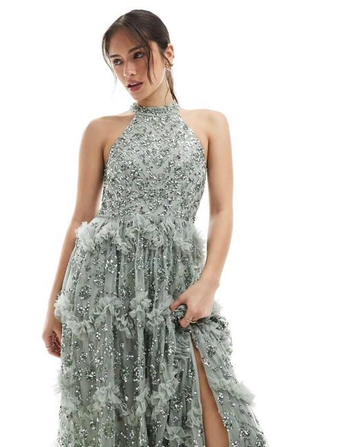 Maya Green Fully Embellished Halter Neck Maxi Dress