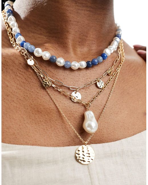 ASOS White – 4er-pack halsketten mit zierperlen und blauen halbedelstein-perlen