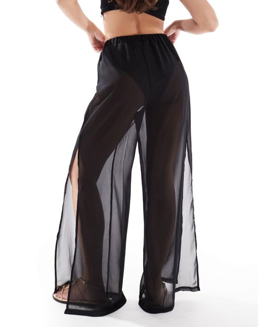 Threadbare Black Sheer Wide Leg Beach Trousers With Side Split
