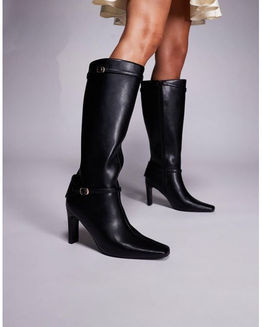 Public Desire Black Poppy Heeled Knee Boots With Buckle Detail