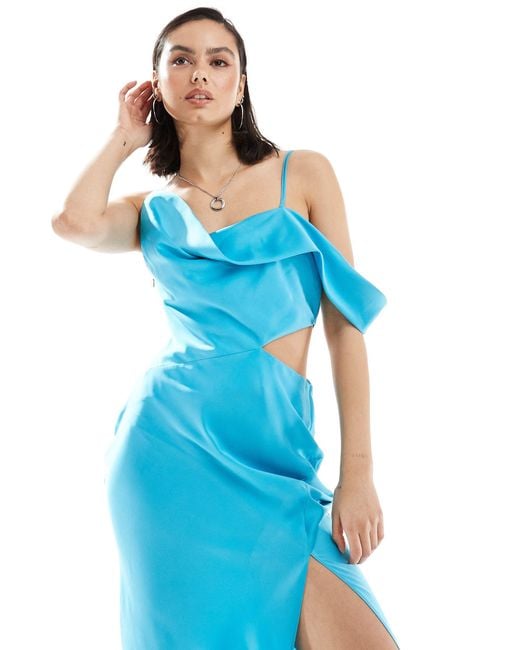 ASOS Blue Satin Asymmetric Shoulder Maxi Dress With Cut Out Detail
