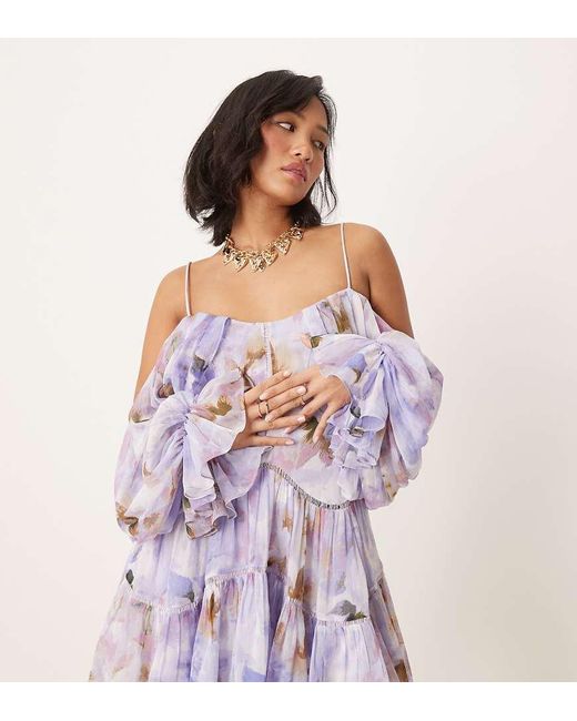 ASOS Purple Asos Design Petite Draped Off Shoulder Tiered Mini Dress With Lace Inserts