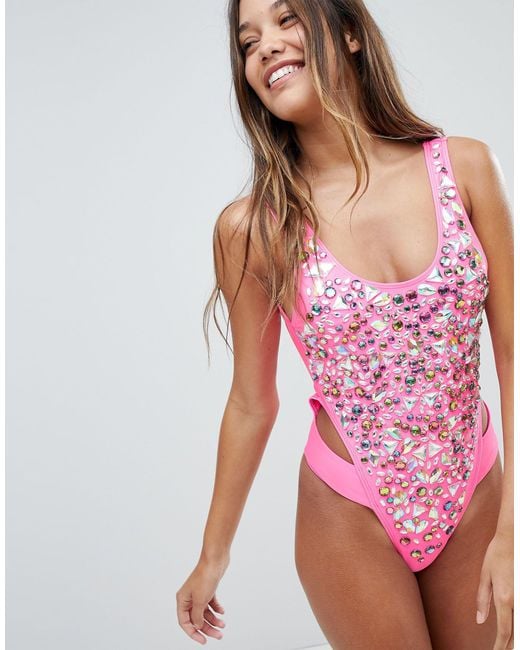 ASOS Pink Super Embellished High Leg Swimsuit