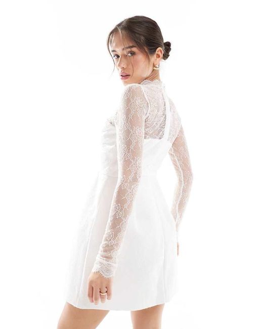 Six Stories White Bridal Lace Sleeve Structured Mini Dress
