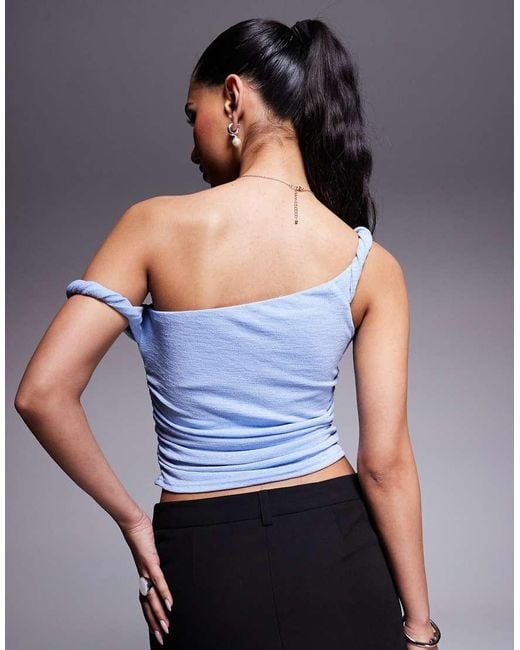 Princess Polly Blue Textured Twist Off Shoulder Top