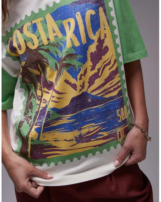 Camiseta Blanca Extragrande Con Mangas En Contraste Y Estampado Gráfico "Costa Rica" De TOPSHOP de color White