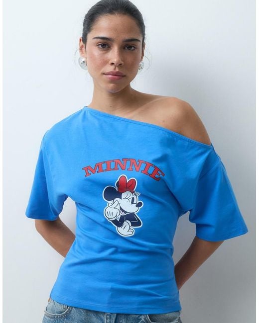 ASOS Blue Disney Off The Shoulder Cinched Waist T-Shirt With Minnie Print