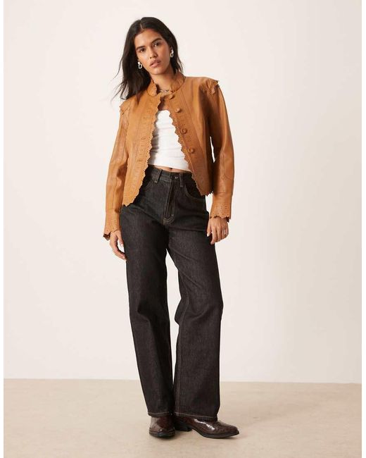 Urbancode Brown Scallop Edge Cropped Leather Jacket