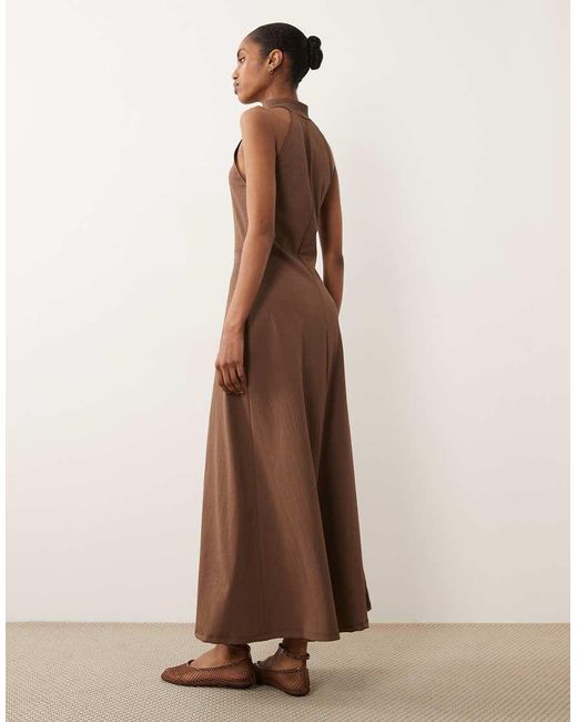 ASOS Brown Tie Detail Stand Collar Sleeveless Crepe Mini Dress