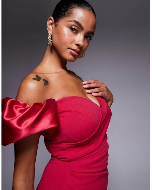 Goddiva Red Puffy Satin Sleeve Maxi Dress