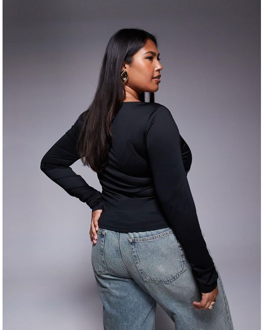 ASOS Black Asos Design Curve Double Layer Long Sleeve Curved Scoop Neck Top