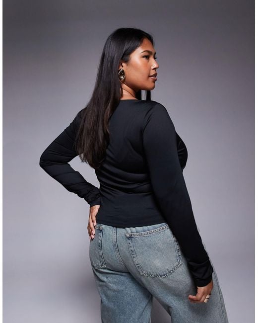 Asos design curve - top double épaisseur à manches longues et buste froncé ASOS en coloris Black