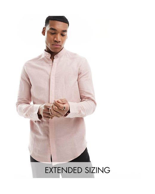 ASOS Pink Smart Linen Shirt With Deep Grandad Collar for men