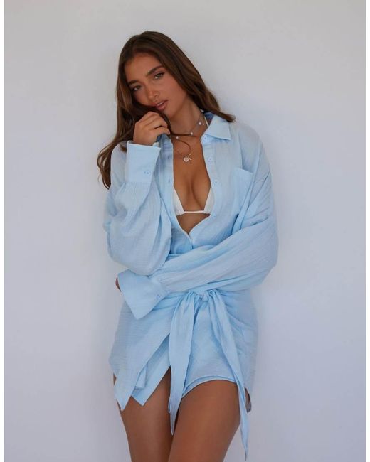 Noughts & Kisses Blue Cotton Cheesecloth Wrap Waist Shirt Mini Dress