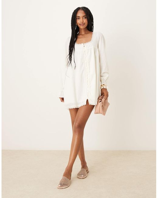 ASOS Natural Cotton Lace Trim Long Sleeve Babydoll Mini Dress