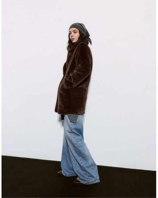 Pull&Bear Brown Fur Coat With Lapel Collar