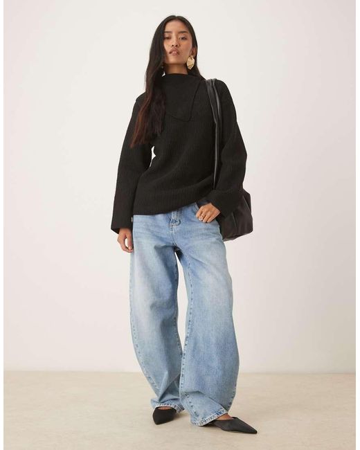 Pretty Lavish Black Split Collar Oversized Knit Jumper