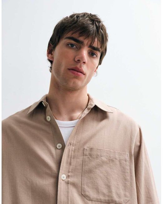 ASOS COLLECTIVE Natural Oversized Long Sleeve Cotton Shirt With Linen for men